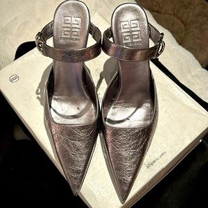 Givenchy 2023 silver Voyou mules. Worn two times comes with box and shoe bags